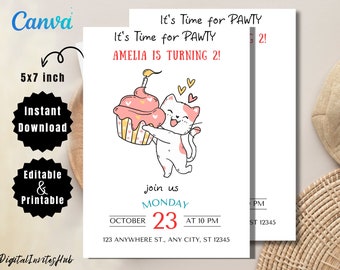 May include: Printable birthday invitation featuring a cute cartoon cat holding a pink and white cupcake with a lit candle. The invitation says "It's Time for Pawty Amelia is Turning 2!" and includes the date, time, and location of the party.