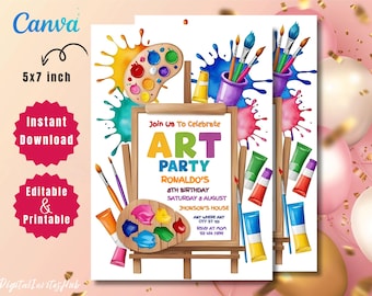 May include: A colorful invitation for an art party with paint splatters, paintbrushes, paint tubes, and a paint palette. The invitation says "Join Us To Celebrate Art Party Ronaldo's 8th Birthday Saturday & August Jhonson's House Any Where Any City St 123 RSVP at Mom 123 456 7890".