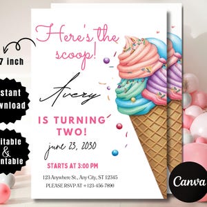 Ice Cream Birthday Invitation. Icecream Sweet Party Here&#39;s the Scoop Pink Purple Gold Girl Birthday EDITABLE Invite. Printable Download