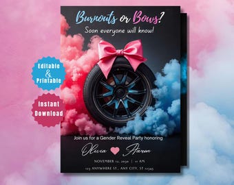 Editable Burnouts or Bows Gender Reveal Invitation, Boy or Girl Baby Shower Invite, He or She Gender Reveal Template, Instant Download