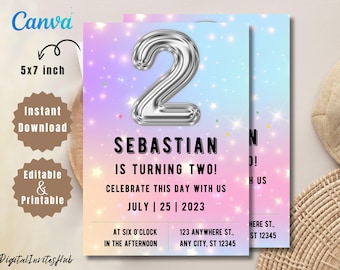 May include: A pink, blue, and purple birthday invitation with a silver number two balloon. The invitation says "Sebastian is turning two!" and includes the date "July 25, 2023".