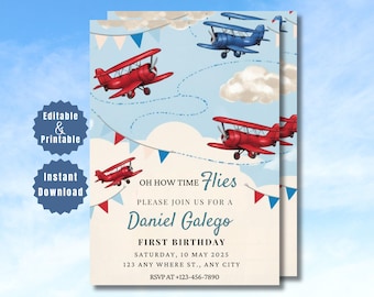 Editable Airplane Birthday Invitation, Time Flies Birthday Invitation, Boy Airplane Party Invite, Plane Kid Birthday Printable, Canva, Evite
