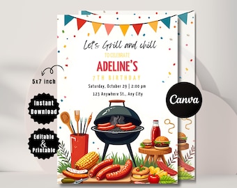 BBQ Birthday Invitation: Animated Grill Party, Editable Template (5x7 Inches, Digital Printable)