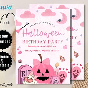 Pink Halloween Birthday Invite, Pink Halloween Party Invitation, Cute Halloween Invite, Spooktacular, Ghosts, Stars, Kids, Pumpkin, DIGITAL