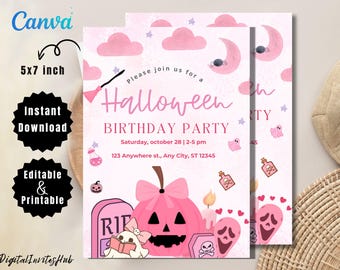 Halloween Pink Ghost Birthday Invitation, Hey Boo Girl Party Spooktacular Halloween Party, Editable Canva