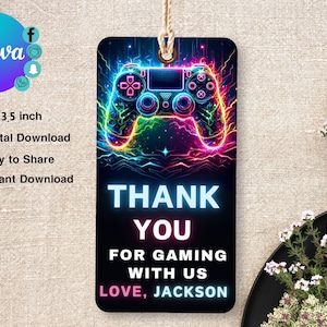 Etiqueta de presente de agradecimento para jogos, etiqueta de aniversário de videogame EDITÁVEL, lembrancinha redonda para festa de jogador infantil, etiqueta quadrada para festa de fliperama, fim de jogo