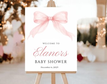 Pink Bow Baby Shower Welcome Sign Editable Canva Template Pink Coquette Baby Shower Entrance Sign Template Pink Ribbon