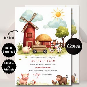 Farm Birthday Invitation, Customizable Farm Animals Invite, Ranch Kids Party Invitation, 5x7 Canva Template