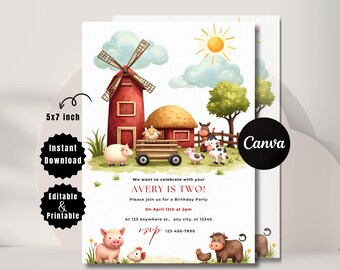 Farm Birthday Invitation: Customizable Animals, 5x7 Canva Template (PDF Downloadable File)