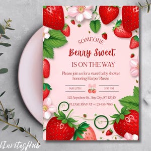 Berry Sweet Baby Shower Invitation, Berry Sweet Baby Shower Blush Berry, Berry Sweet Invitation, Strawberry Baby Shower, Canva