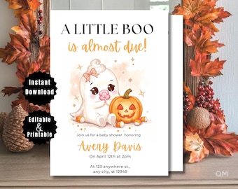 Invitación para baby shower de "A Little Boo is Almost Beginning", plantilla editable de Halloween, descarga digital de un lindo fantasma, invitación de "A Little Boo", imprimible