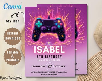 Video Game Birthday Invitation: Neon Glow, Editable Template (5x7 Inches)