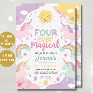 Può includere: Un invito stravagante per una festa di quarto compleanno. Il design presenta unicorni, arcobaleni e un sole sorridente. Il testo include "FOUR ever magical" e i dettagli per la festa di Jenna, tra cui data, ora e luogo.