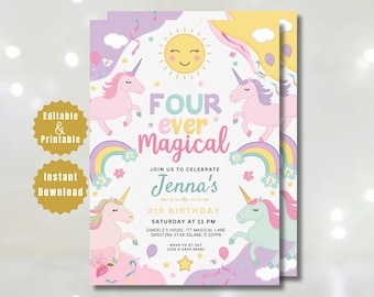 Unicorn 4th Birthday Invitation, Four Ever Magical Invitation, Magical Party Invite, Pastel Rainbow Unicorn Invitation, Editable Template