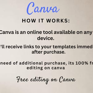 K&ouml;nnte beinhalten: Bild mit Text, der "Canva" in blauer Schrift zeigt. Der Text darunter erkl&auml;rt, wie Canva funktioniert: Es ist ein Online-Tool, das auf jedem Ger&auml;t verf&uuml;gbar ist. Sie erhalten Vorlagen-Links sofort nach dem Kauf. Kostenlose Bearbeitung auf Canva.
