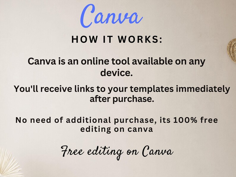 K&ouml;nnte beinhalten: Bild mit Text, der "Canva" in blauer Schrift zeigt. Der Text darunter erkl&auml;rt, wie Canva funktioniert: Es ist ein Online-Tool, das auf jedem Ger&auml;t verf&uuml;gbar ist. Sie erhalten Vorlagen-Links sofort nach dem Kauf. Kostenlose Bearbeitung auf Canva.