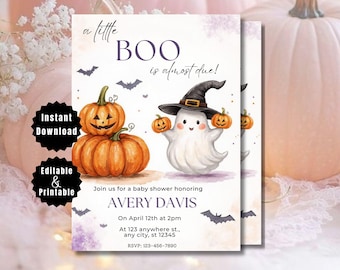 Invitación para baby shower de "A Little Boo is Almost Beginning", plantilla editable de Halloween, descarga digital de un lindo fantasma, invitación de "A Little Boo", imprimible