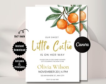 Invitación para baby shower con cítricos: Tema adorable y editable (12,7 x 18,8 cm, plantilla descargable en PDF)