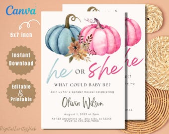 Pumpkin Gender Reveal Invitation: Editable Fall Party Invite (PDF)