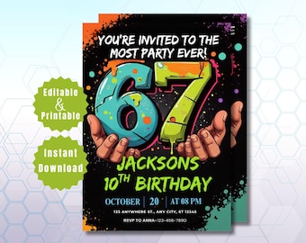 Six Seven Graffiti Kids Birthday Party Invitation Template, 67 Viral Meme, nstant Download Editable Canva Template