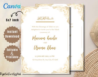 White and Gold Nikkah Invitation Card: Islamic Wedding Invite (Digital Download)