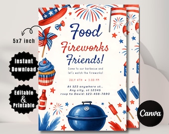 4th of July BBQ Invitation: Editable Independence Day Party Invite (5x7 Inches, Canva Template)
