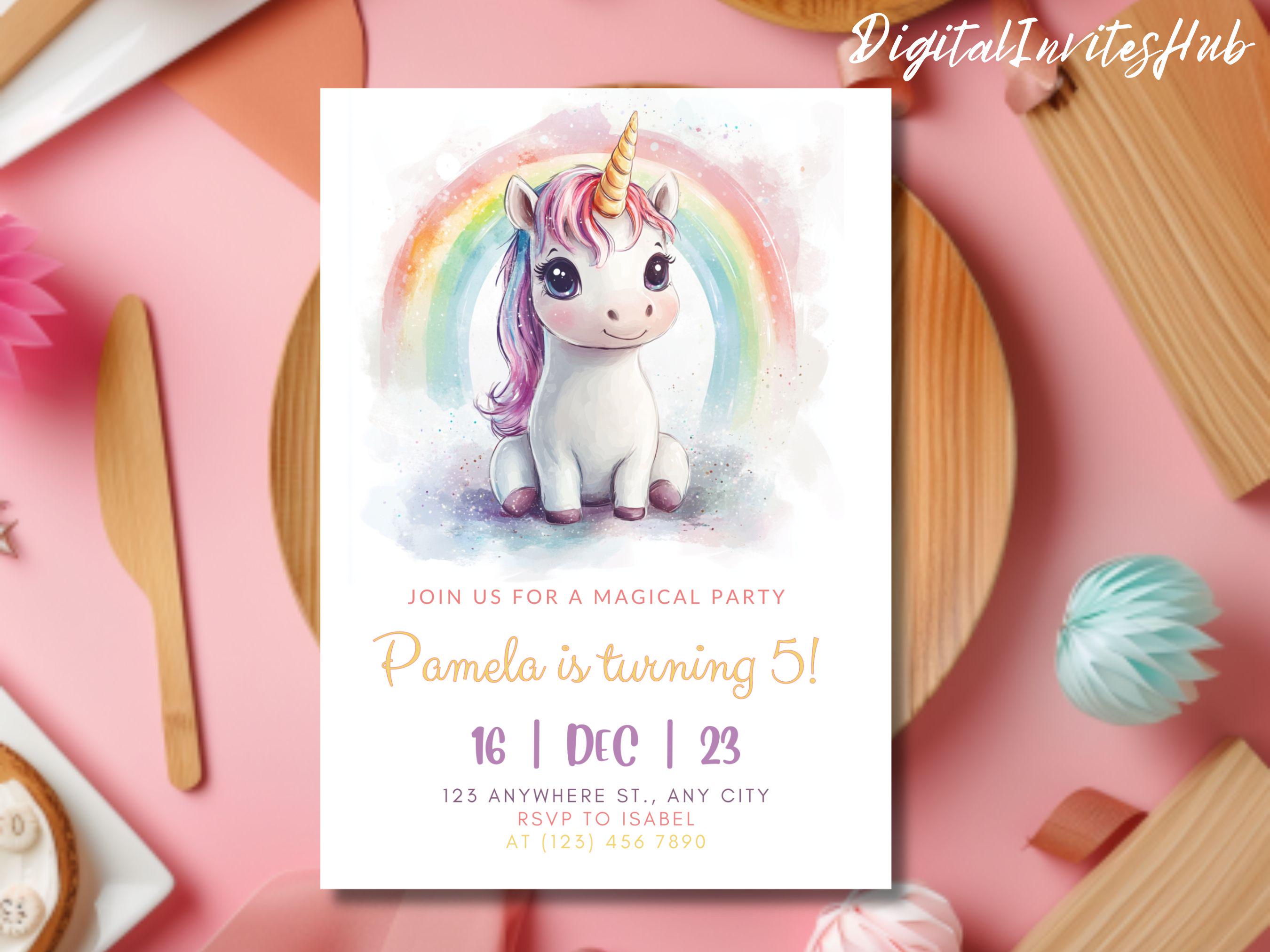Rainbow Unicorn Birthday Invitation: Editable Girl's Party (5x7 Inches ...