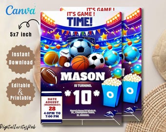May include: A digital invitation for a 10th birthday party with a sports theme. The invitation features a blue, purple, and black background with a variety of sports balls, including a basketball, football, soccer ball, and baseball. The text "IT'S GAME TIME!" is written in white letters at the top of the invitation. The name "MASON" is written in white letters below the sports balls, and the number "10" is written in white letters below the name. The date and time of the party are written in white letters at the bottom of the invitation.