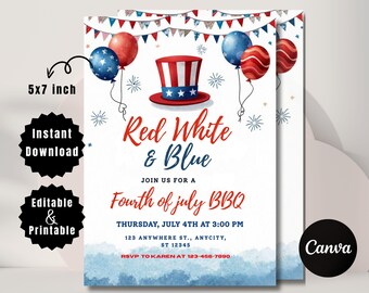 Editierbare Grilleinladung zum 4.Juli 2020: Independence Day Party (5x7 Inches, digitaler Download)