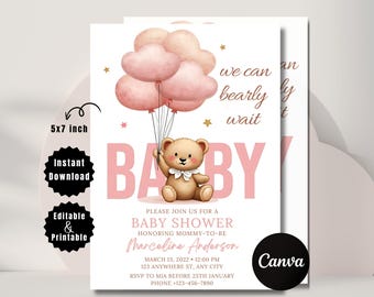 Modern Boho Teddy Bear Baby Shower Invitation Template | Editable & Printable | Stars Design for Girls Baby Shower