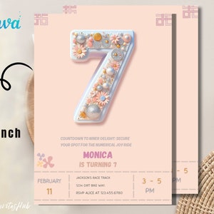 Editable 7th Birthday Invitation Glitter Seventh Birthday Invitation Editable Girls Invitation Rainbow Foil Pastel Girl Seventh Birthday