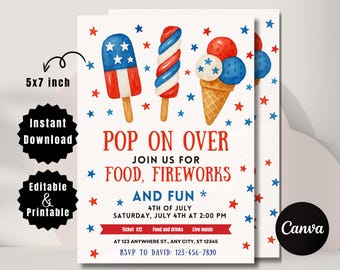 Invitación del 4 de julio: Barbacoa, Cumpleaños, Plantilla Canva Patriótica (5x7, Descarga Digital)