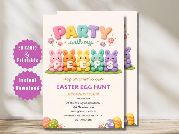 Easter egg Hunt Invitation, Party With My Peeps Easter Party Invitation,Easter Bunny Invite, Easter Party Invite, Instant Download,  Canva
