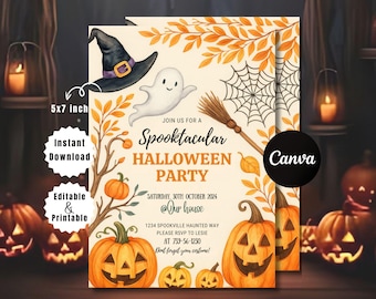 May include: Halloween party invitation, 5x7 inches, featuring a witch's hat, ghost, pumpkins, and the text "Spooktacular Halloween Party." Includes "Instant Download," "Editable & Printable" text. The design is in warm orange and beige tones.