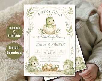 Hatching Soon Baby Shower Invitation, Dinosaur Boy Invite, Baby Dino Egg, Editable Canva Template, Couples Shower Mobile Evite