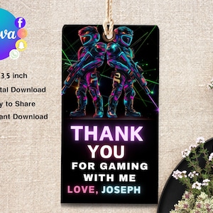 Laser Tag Favor Tag, Birthday Thank You Tag, EDITABLE Neon Laser Glow Party Gift Tag, Blue, Green, DIGITAL Printable 2x3.5