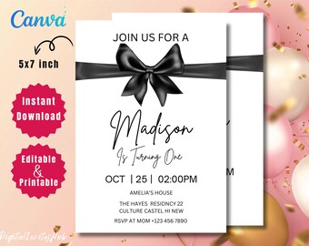 Invitación de primer cumpleaños con lazo negro de Coquette (Descarga digital)