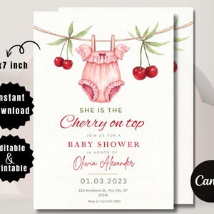 Puede incluir: Invitación a un baby shower con diseño de acuarela. La invitación presenta un body rosa para bebé colgado de un tendedero con cerezas. El texto dice "She is the Cherry on top" y "Baby Shower". La invitación mide 12,7 x 17,8 cm.