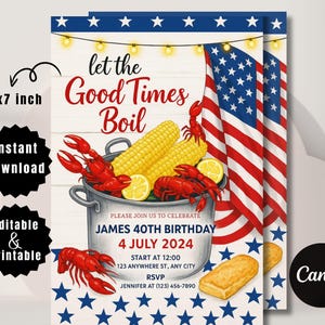 K&ouml;nnte beinhalten: Eine 5x7 Zoll Einladungskarte mit dem Text "Let the Good Times Boil", die einen Topf mit Langusten, Mais und Zitronen zeigt. Das Design umfasst amerikanische Flaggen und Sterne, ideal f&uuml;r eine Geburtstagsfeier am 4. Juli.