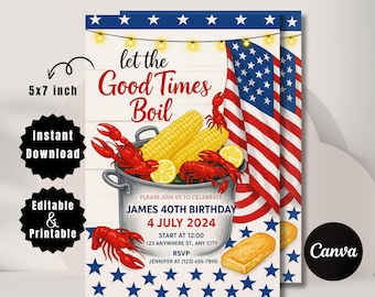 Fourth of Jul Crawfish Boil Einladung: Bearbeitbare Seafood-Vorlage (5x7, digitaler Download