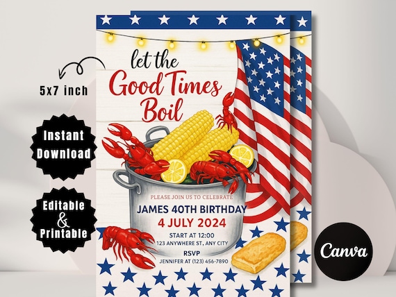 Fourth of July Crawfish Boil Invitation: Editable Seafood Template (5x7, Digital Download