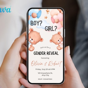 Bear Gender Reveal Evite Teddy Bear Digital Invitation Gender Reveal, Electronic Gender Reveal for Phone, He or She Editable Template
