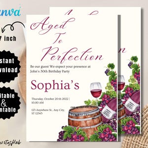 Editable Aged to Perfection Invitation, Wine Birthday Invitation, Winery Invitation, Fine Like Wine, Floral, Printable  Invite