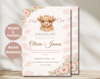 May include: A baby shower invitation featuring a watercolor illustration of a Highland cow with a floral crown. The text reads "Holy Cow, We're Having a Baby!" with the names Olivia & James, and event details.