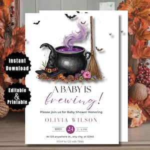 Redigerbar "A Baby Is Brewing"-inbjudan för babyshower, Halloween-inbjudan för könsavslöjande, digital mall för sprinklershower, direktnedladdning