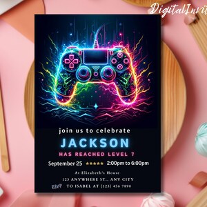 Faire-part de fête d'anniversaire jeu vidéo, passer un niveau supérieur, invitation à une fête d'arcade, invitation néon phosphorescent, gamer vidéo phosphorescent, toile modifiable image 6