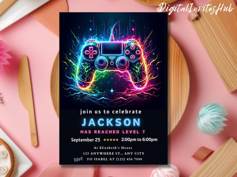 Faire-part de fête d'anniversaire jeu vidéo, passer un niveau supérieur, invitation à une fête d'arcade, invitation néon phosphorescent, gamer vidéo phosphorescent, toile modifiable image 6
