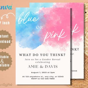 Invito per rivelazione del sesso / Modello modificabile / Invito acquerello rosa o blu, lui o lei