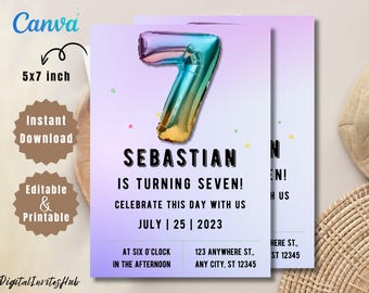 Editable 7th Birthday Invitation: Rainbow Foil, Pastel Glitter (PDF)
