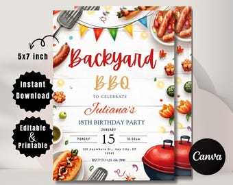 Editable Backyard BBQ Party Invitation: Canva Template (5x7 Inches, Digital Download)